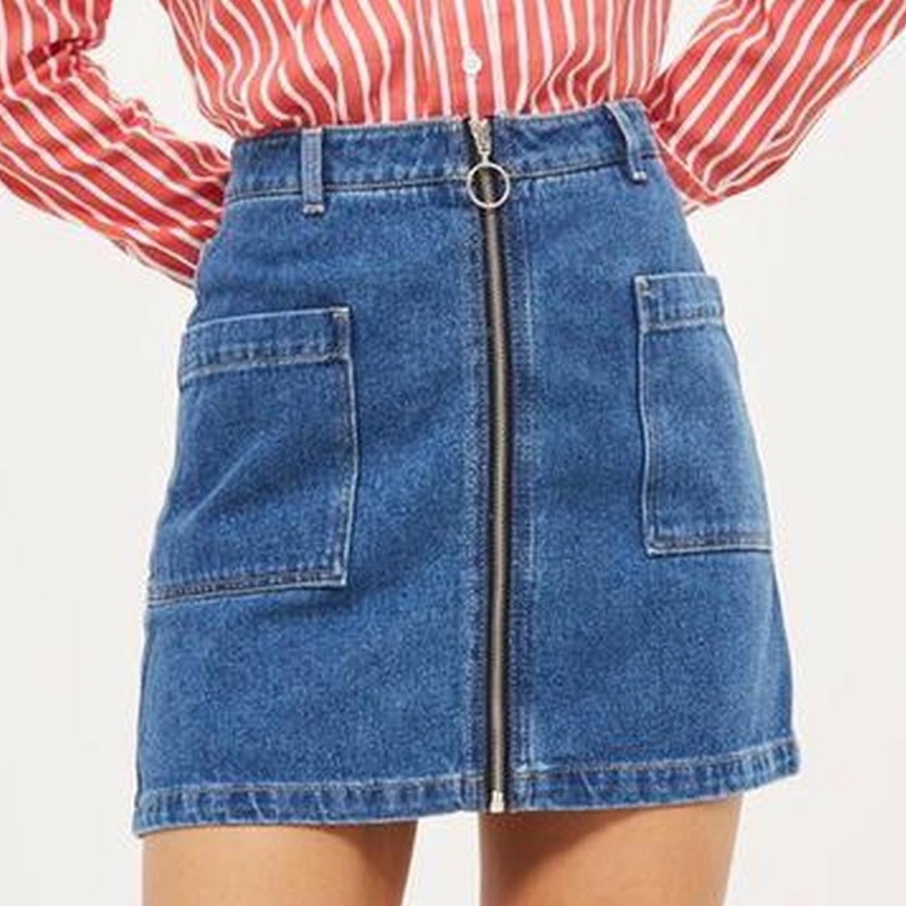 Topshop Blue Denim Front-Zip Mini Skirt